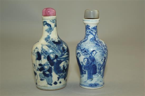 Two Chinese blue and white soft paste porcelain snuff bottles, 1820-1900, 7.5cm